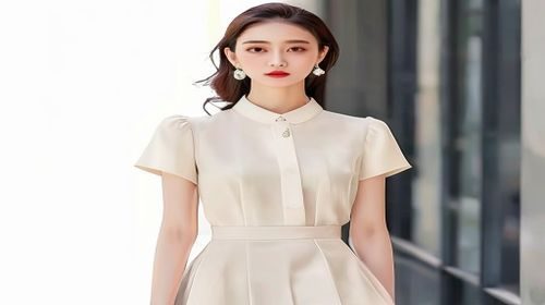 改造后：同一位女性穿着高腰A字裙配收腰上衣，妆容清透有光感，整体展现美女性感的优雅气质，自信神情令人印象深刻