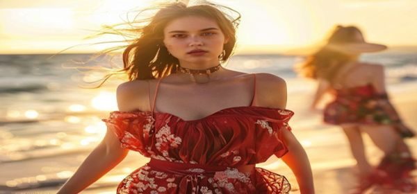 2026年夏季美女性感穿搭趋势大盘点，模特在海边展示砖红色吊带裙造型，阳光金色光线营造高级感